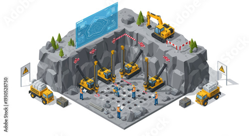 Isometric Mining Operation with Heavy Machinery and Workers.