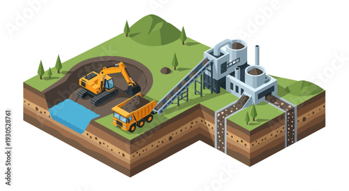 Isometric illustration of an open-pit mine with an excavator, dump truck, and processing plant, showing resource extraction and industrial operations.