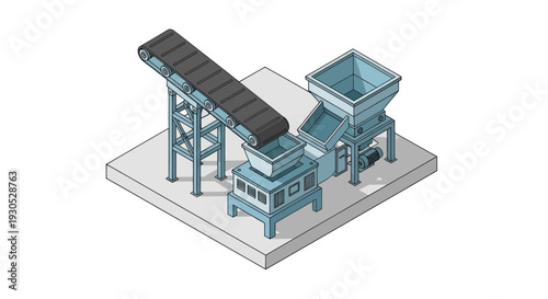 Isometric illustration of an industrial conveyor belt system feeding material into a shredder and processing unit.
