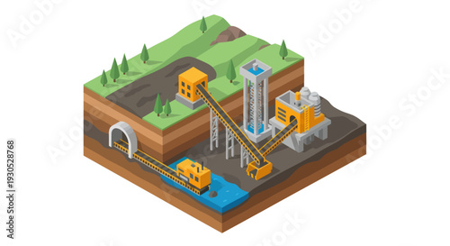 Isometric illustration of an industrial mining operation with a tunnel, conveyor belts, processing plant, and a river.