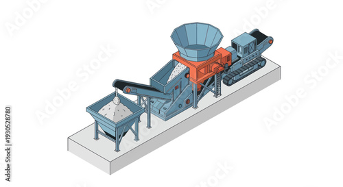 Isometric illustration of a mobile crushing and screening plant for processing construction and demolition waste.