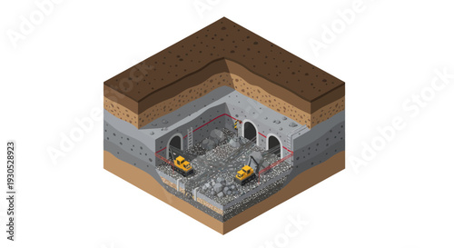 Isometric illustration showing underground tunnel construction with excavators and support structures.