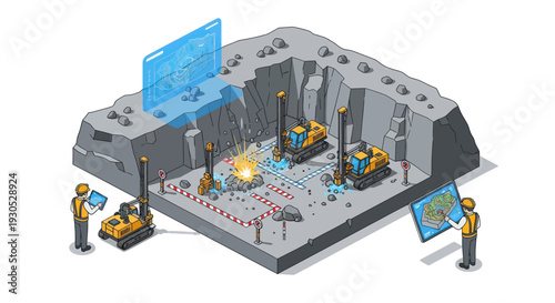 Isometric Smart Mining Operation with Automated Machinery and Digital Interface.