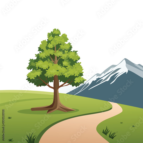 Cartoon scene of a tree on a green hillside path with mountains