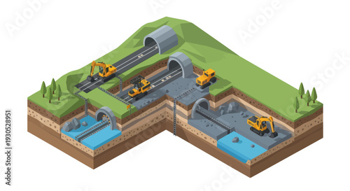 Cross-section illustration of tunnel construction methods, including cut-and-cover and bored tunnels, with excavators and water management.