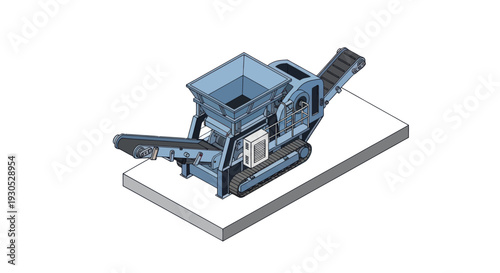 Isometric illustration of a compact mobile crushing machine with conveyor belts, designed for on-site material processing and recycling.