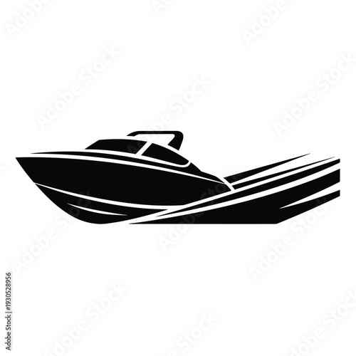 Speedboat accelerating on calm waters, viewed from the side, a sleek illustration