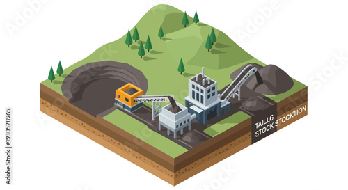 Isometric illustration of an open-pit coal mine with processing plant and tailings stock, showcasing the industrial extraction of natural resources.