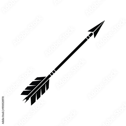 An arrow pointing upwards with feathers and a pointed tip on a plain background
