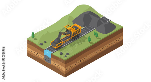 Isometric illustration of a continuous mining machine excavating coal from a hillside and transporting it via a conveyor belt system.