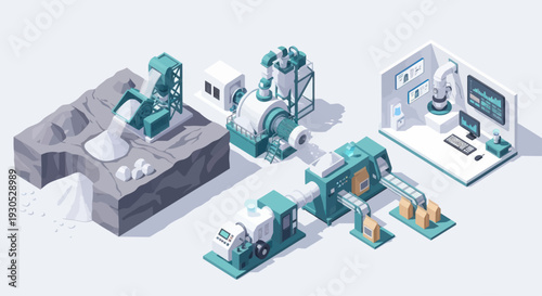 Isometric view of a modern industrial manufacturing process.
