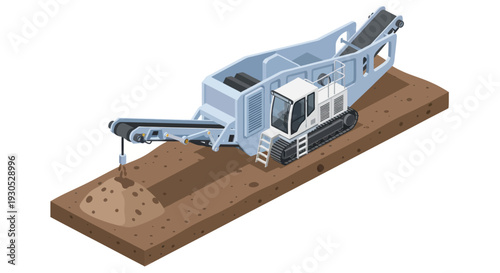 Isometric illustration of a mobile crushing machine on a construction site, processing soil and gravel.