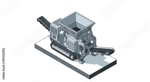 Isometric illustration of a compact tracked mobile crushing machine with a conveyor belt system, designed for material processing.