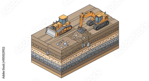 Illustration depicting heavy machinery, including a bulldozer and an excavator, engaged in earthmoving operations on a layered geological cross-section.