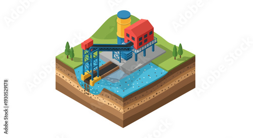 Isometric illustration of an industrial water treatment plant with a conveyor belt system and a large storage tank.