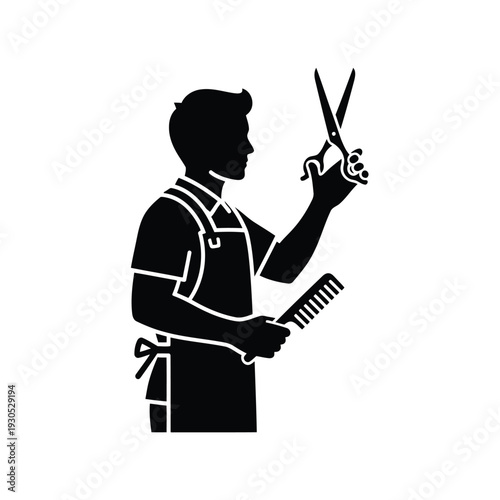 Barber holding scissors and comb in a grooming session with a client silhouette