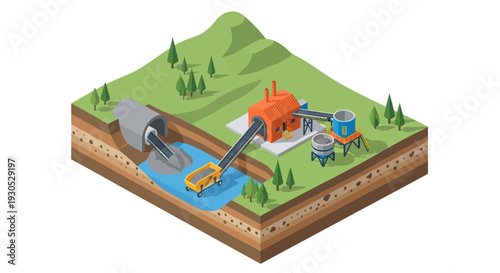 Diagram illustrating the process of hydroelectric power generation, showing water flow from a tunnel to a turbine and generator.