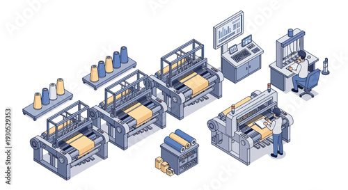 Textile Manufacturing Process with Automated Machinery and Workers.