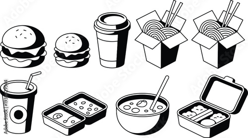 Black and white illustration of various fast food items