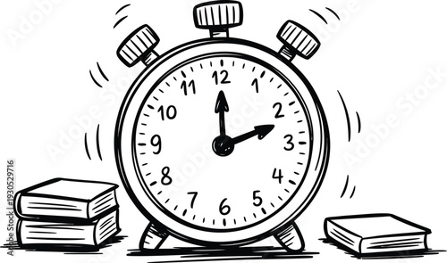Doodle illustration of a ringing alarm clock with books for study and education