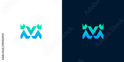 Modern abstract letter M logo design in blue and green gradient on white and dark backgrounds