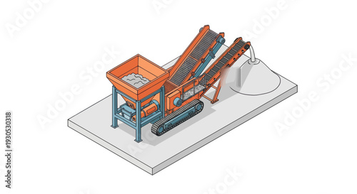 Isometric illustration of a mobile crushing plant with a hopper, conveyor belts, and a pile of crushed material.