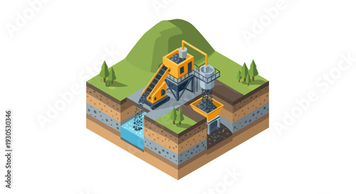 Isometric illustration of a coal mining operation with processing plant and water source.