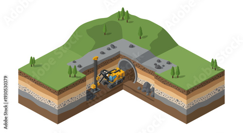 Cross-section illustration of tunnel construction showing excavation, drilling, and machinery in a layered geological environment.