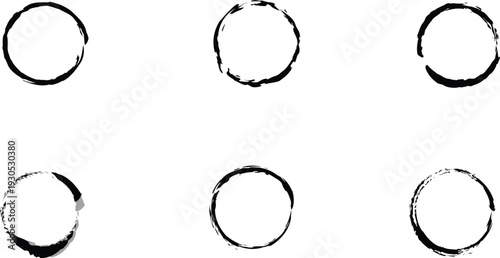 Set of six black and white hand drawn grungy brush stroke circular frames for artistic branding and minimalist logo design.
