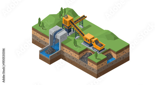 Isometric view of a coal mining operation with a conveyor belt system and a water-powered extraction process.
