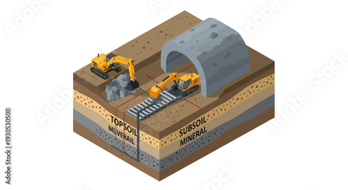 Cross-section illustration of tunnel construction showing excavation, machinery, and layered soil strata.
