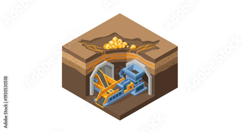 Isometric illustration of an underground mining operation with excavators and gold nuggets being extracted from the earth.