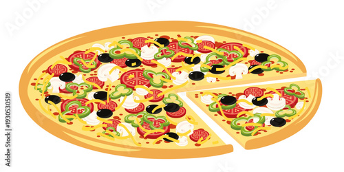 Pizza with slice. Vector isolated decoration element.