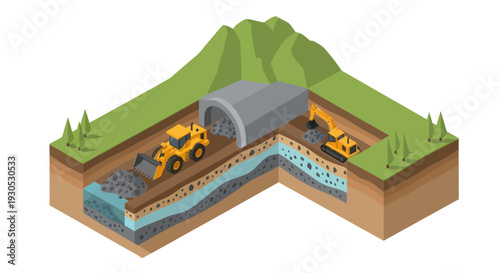 Underground Tunnel Construction Site with Heavy Machinery.