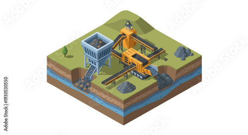 3D Isometric Illustration of Mining Operation with Heavy Machinery.