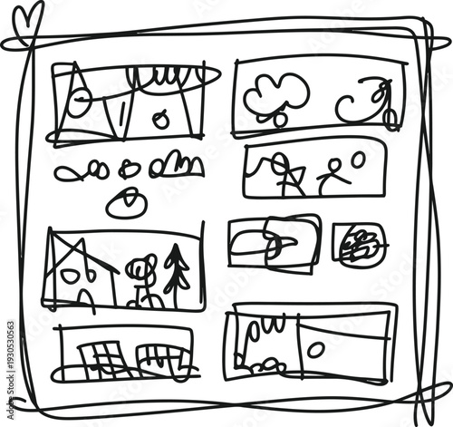 Hand drawn storyboard layout with multiple doodle scenes representing creative concept development