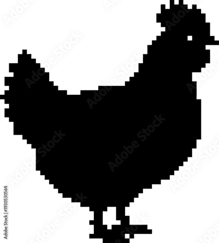 Pixel art chicken or hen silhouette icon for farm animal, food, and game design. Black poultry character abstract symbol vector illustration