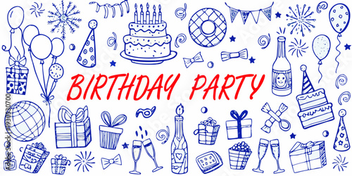 Hand drawn birthday party doodles with cake balloons and celebratory elements