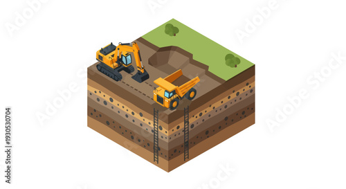 Isometric illustration of construction site with excavators and layered earth.