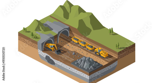 Underground Train Tunnel with Trains and Mountain Landscape.
