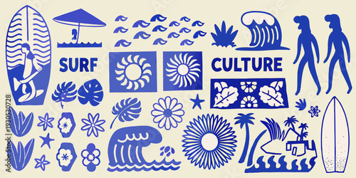 Stylized blue and white illustration of surf culture elements