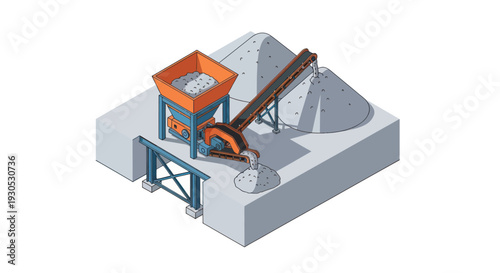 3D rendering of a gravel processing plant with conveyor belt and crusher.
