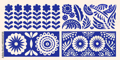 Blue and white floral folk art pattern with repeating botanical motifs