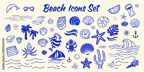 A collection of hand drawn beach icons in vibrant blue tones