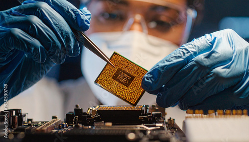 Scientist holding cpu chip with tweezer over motherboard, technician wearing gloves and mask repairing circuit board in lab, close up macro electronic component inspection