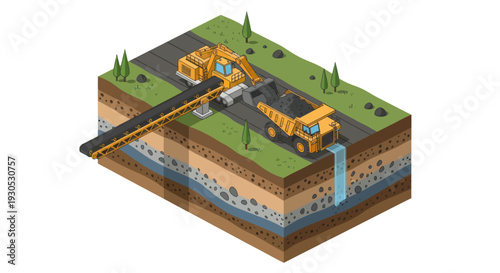 Isometric illustration of an oil rig extracting crude oil from underground reservoir.