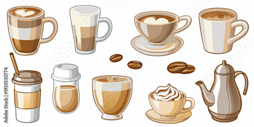 Variety of coffee beverages and related items in a cartoon style