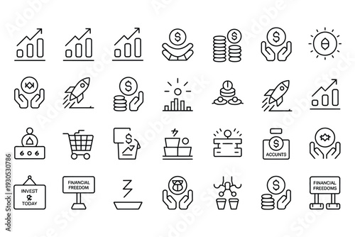money growth and revenue icons for fintech applications showing financial analytics profit increase and investment.
