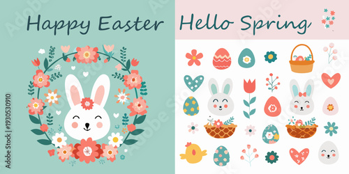 Festive easter and spring themed illustration with bunnies flowers and eggs