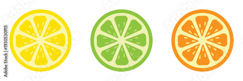 Citrus Fruit Slice Vector Icons Set – Lemon, Orange & Lime Flat Illustration for Fresh Food and Beverage
 Design